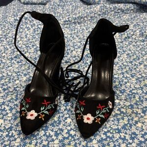 Black Floral Embroidered Lace-Up Pointed Toe Heels